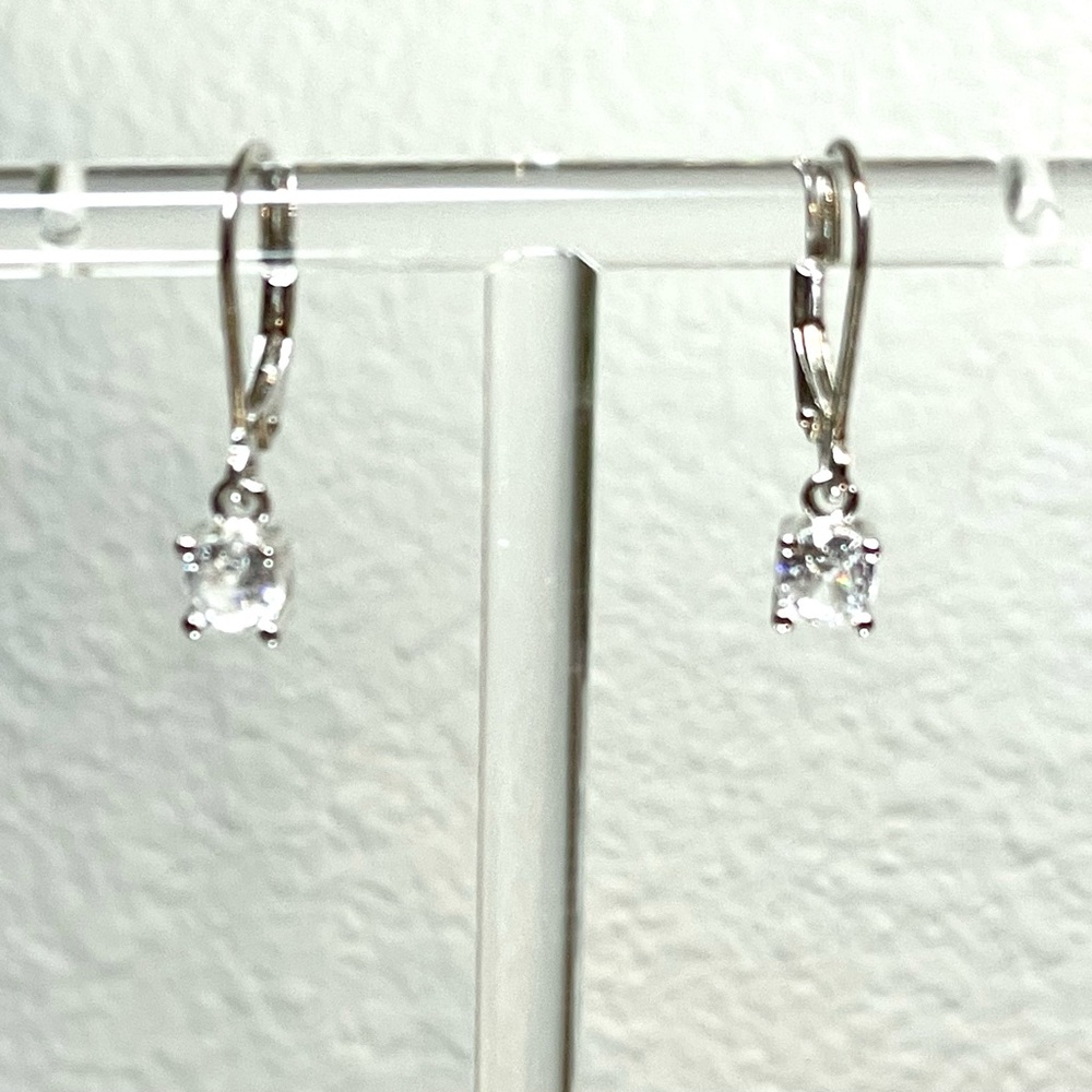 Sterling Silver Clear Zircon Gemstone Lever-Back Drop Earrings | Pierced | NWT